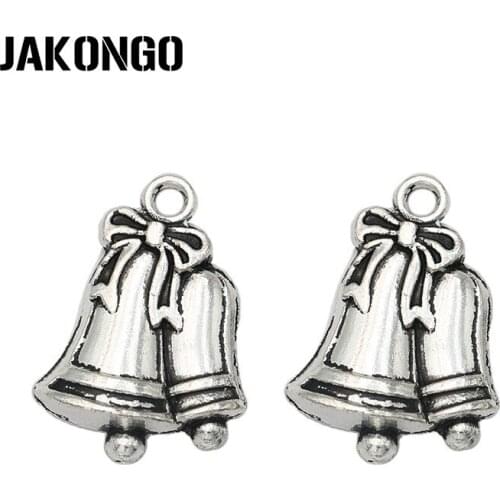 JAKONGO Antique Silver Plated Christmas Bells Charms Pendants for Bracelet Jewelry Making DIY Handmade Craft 24x17mm 10pcs/lot