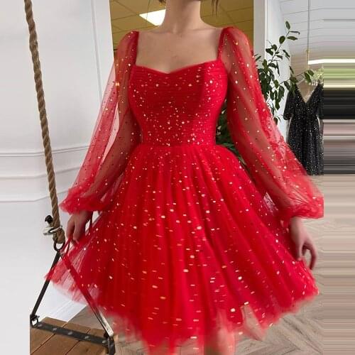 Red Long Sleeve Gold Starry Short Prom Dresses Modest Cheap Homecoming Dress Knee Length Formal Evening Gowns Vestidos