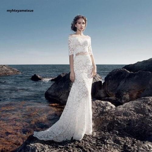Ivory white lace strapless button two-piece half sleeve boho elegant mermaid long bridal gown beach wedding dress Long skirt2020