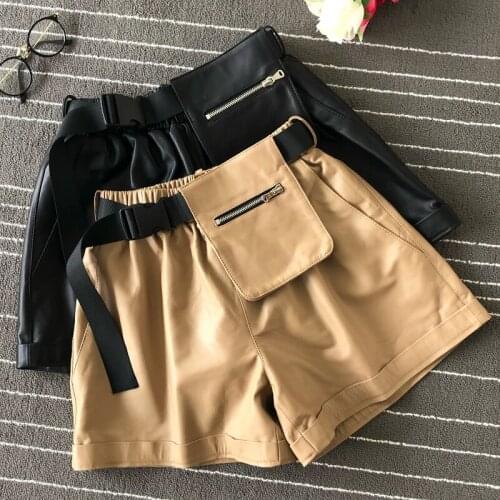 Hot fashion womens high-waist wide-leg 2021 autumn pockets real leather shorts short trousers A821