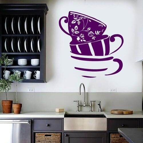Wall Decal Tea Cups House Kitchen Art Home Decoration Vinyl Wall Stickers Flowers Rose Retro Style Mural Window Decals S1137