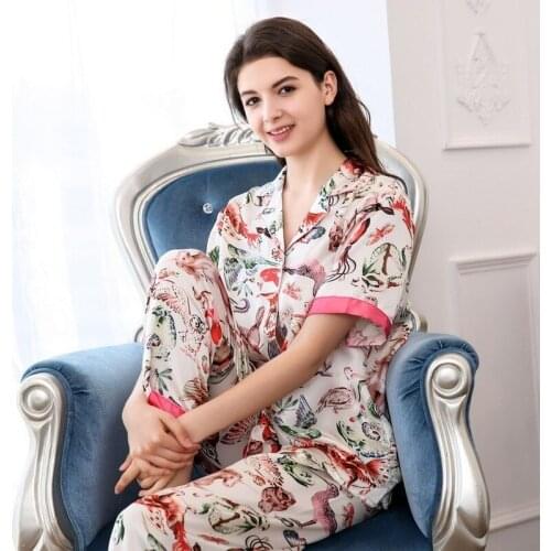 New 100% Silk Pajamas Set Women Short Summer Two-piece Short-sleeved Silk Homewear Nightgown Gown Nighti for Ladies Pajamas