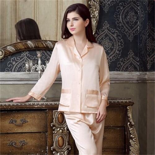 Spring Autumn New Solid Color Pijama 100% Mulberry Silk Womens Pajamas Long Sleeve Silk Pajama Set Female Home Clothes Sleepwear