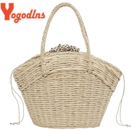 Yogodlns Summer Straw Bag Women Weave Handmade Handbag Drawstring Handle Bag Large Capacity Wave Point Tote Bag Shopping Bags
