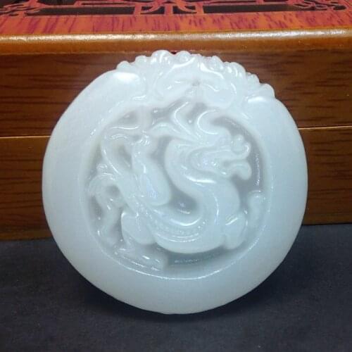 Genuine natural White Jade Dragon Pendant Afghanistan jade suet round retro Dragon Pendant