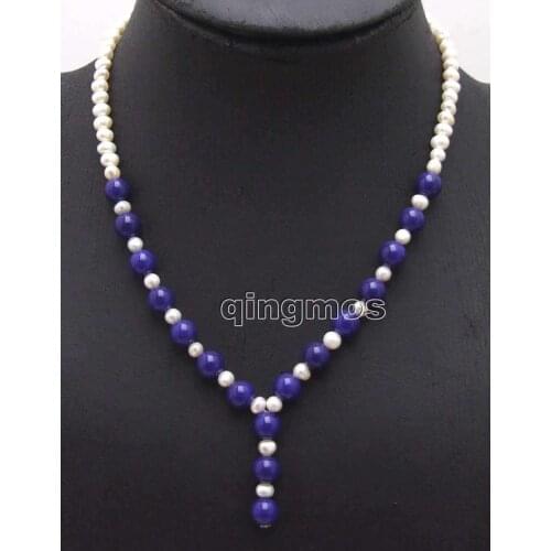 SALE 6-7mm Natural freshwater White Pearl & 8mm Round Blue beads pendant 17'' Necklace -nec6001 wholesale/retail Free shipping