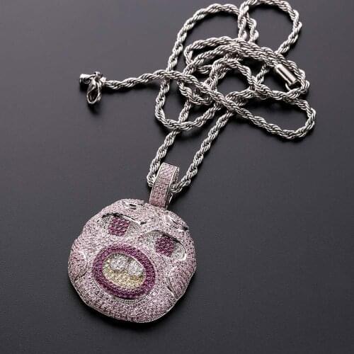 Pink AAA+ Cubic Zirconia Paved Bling Ice Out Cartoon Baby Face Pendants Necklaces for Women Men Hip Hop Rapper Jewelry