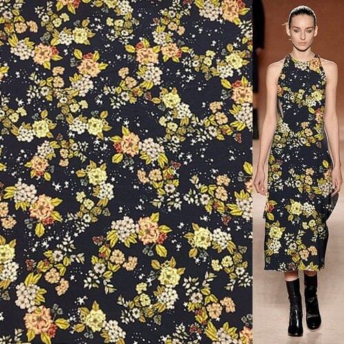 Yellow floral and star print on black bottom silk crepe de chine fabric,SCDC1081
