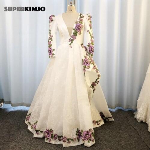 SuperKimJo Gala Jurken Lace Applique Prom Dresses Long Sleeve V Neck Embrodiery Applique Luxury Prom Gown Vestido De Gala