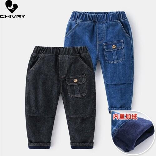 New Kids Autumn Winter Thickening Warm Jeans Trousers Pants Boys Solid Denim Pants with Pockets Children Fashion Jeans Long Pant
