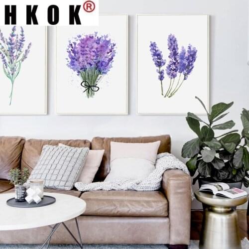 HKOK Spring Green Plant Purple Lavender Leaves Flower Canvas Painting Print Poster Picture Wall Modern Minimalistic Home Decor