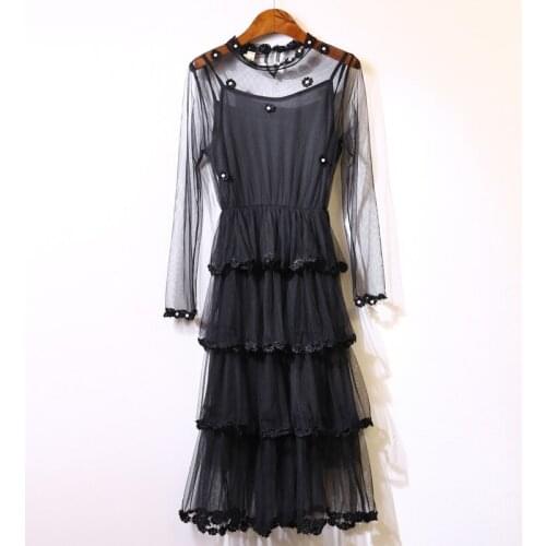 PERHAPS U Pink Black Mesh O Neck Long Sleeve Ruffle Midi Dress Two Pieces Beading Autumn D0692