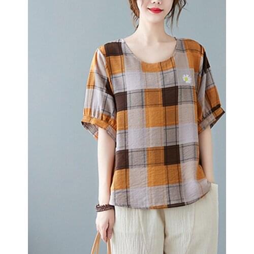 Women Summer Cotton Linen Casual T-shirts New Arrival 2021 Vintage Style Plaid Print Loose Female Short Sleeve Tops Tees B497