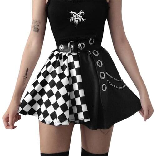 Womens Casual Mini Skater Skirt High Waist Checkerboard Print Color Block Flared Skirt