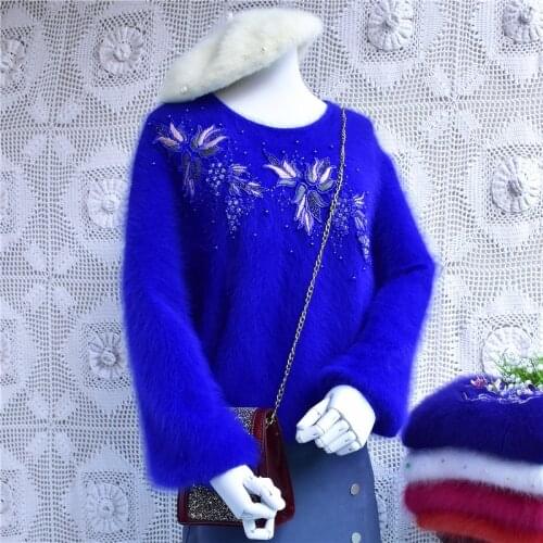 Oversize clothes women vintage batwing sleeve o-neck hand knitted angora rabbit fur beading mink cashmere loose pullover sweater