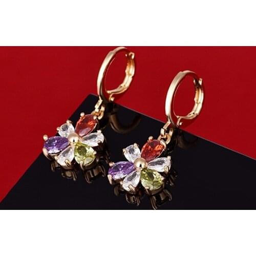 Colorful Flower Shaped Women Girl Dangle Earrings Gold Filled Dazzling Charm Jewelry Gift