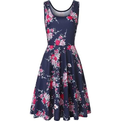 Summer Red Rose Flower Print Dress Women Sleeveless Ladias Chic Fit And Flare Off Shoulder Strap Dress