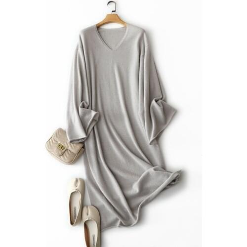 100% Cashmere Knitted Oversized Ladies Dresses V Neck Full Sleeve Fashion Loose Spring Autumn Pullover Soft Cashmere Dress