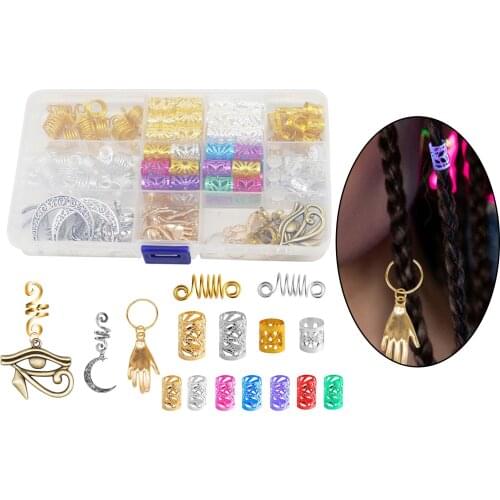 111Pcs Colors Mixed Dreadlocks Beads Hair Braid Cuff Clips Rings Braid Bead Hair Accessory Decoration w/Storage Box