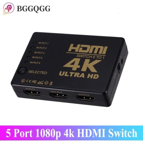 BGGQGG 5 Port HDMI Switch 3D 1080p 4k Selector Splitter Hub with IR Remote Controller for HDTV DVD BOX HDMI Switcher 5 In 1 Out