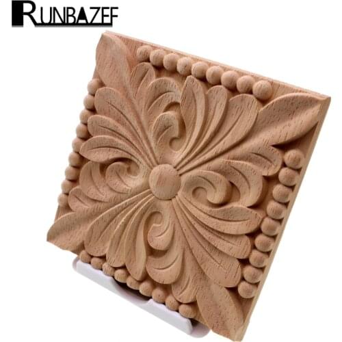 RUNBAZEF Natural Wood Appliques Square Flower Carving Decals Decorative Wooden Mouldings for Cabinet Door Furniture Decor Craft