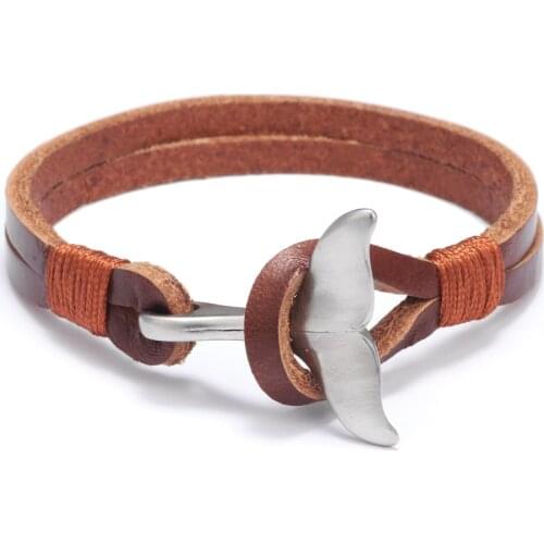 Charm Men Leather Bracelet Animal Whale Tail Brown Survival Leather Weaving Navy Style Bracelet For Man Male Women Jewelry Hope