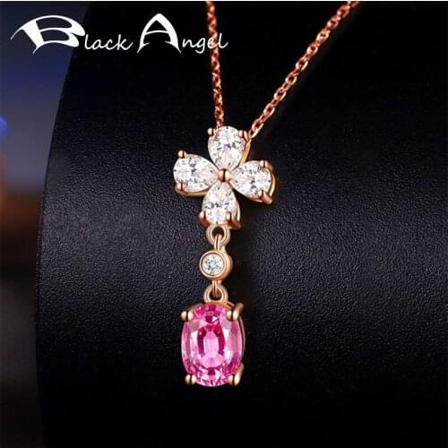 BLACK ANGEL 18K Rose Gold Four Clover Created Romantic Pink Tourmaline CZ Pendant Necklace For Women Wedding Jewelry Party Gift