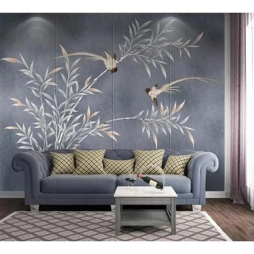 Custom photo murals 3d Chinese style flower and bird navy blue pigment ya style TV background Self Adhesive wallpaper decorate