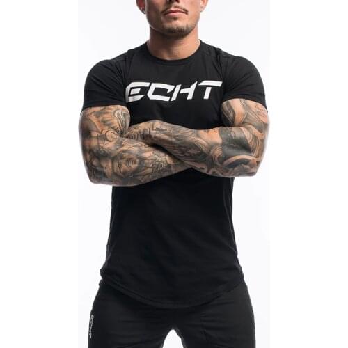 Men Tshirt Summer Curved Hem T-shirt Bodybuilding Big Letter Printed Men Fitness Workout Casual Shot Sleeve Shirt
