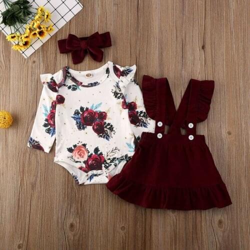 Newborn Toddler Kid Baby Girl Floral Romper Long Sleeve Tops Ruffle Strip Dress Headband Outfit Clothes Suit