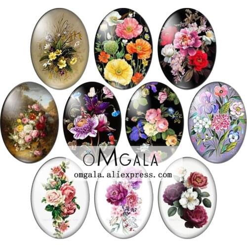 Beauty Vintage Flowers Rose Daisy 10pcs 13x18mm/18x25mm/30x40mm Oval photo glass cabochon demo flat back Making findings