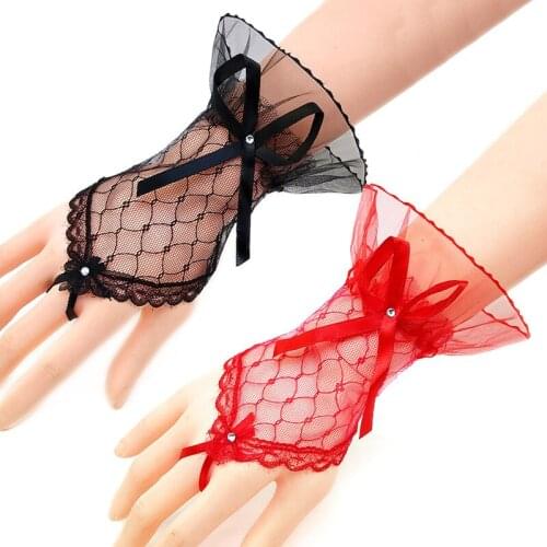 Lace Wrist Cuffs Bracelets Solid Color Gloves Women Short Arm Sleeves Ladies Bow Sleeves Net Yarn Lace Gloves Accessories