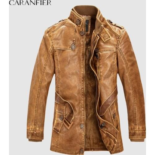 CARANFIER 2017 New Men Long Leather Jacket British Style Casual Businessmen Male Long Windproof Warm Leather Outwear Parka L~3XL