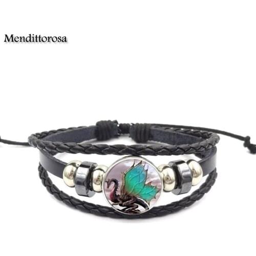 Mendittorosa Dragon Fashion Glass Stone Surface Black Leather Bracelet Bangle Women Statement Jewelry