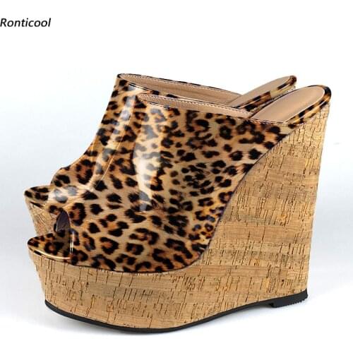 Ronticool Handmade Women Mules Sandals Shiny Leopard Wedges Heel Open Toe Brown Blue Grey Night Club Shoes Women Size 35-52