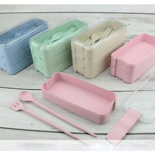 2021 New Japanese Creative Wheat Straw Lunch Box Student Spoon And Fork Chopsticks Three-layer Household Fresh-keeping Box
