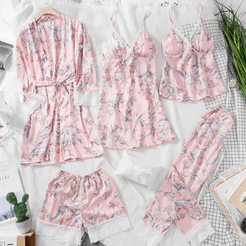 New Spring Womens 5PC Strap Top Pants Suit Pajamas Sleepwear Sets Autumn Home Wear Nightwear Kimono Robe Bath Gown M-XL