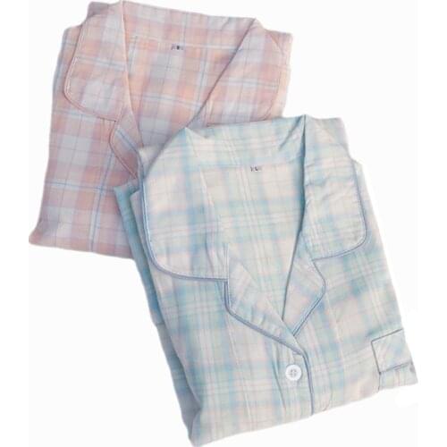 Large Size Autumn Ladies Long-Sleeved Trousers Suit Lapel Plaid Winter Pajamas Set 100% Cotton Double-Layer Yarn Pyjamas Women