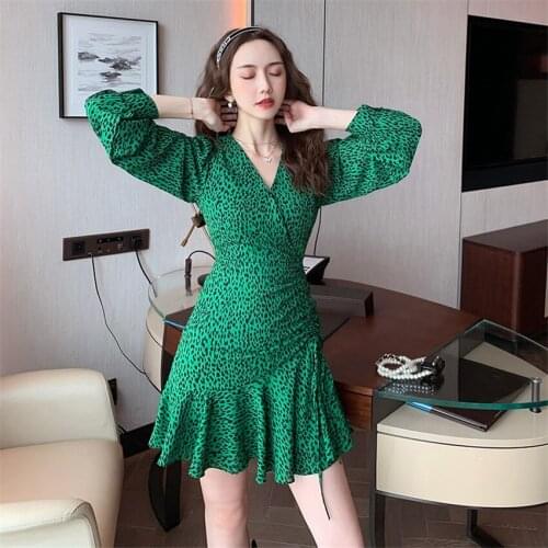 Korean Chiffon Dress Long Sleeve Ruffle Hem Slim Wait Vintage Dress Women Chic Designer Dresses Vestidos