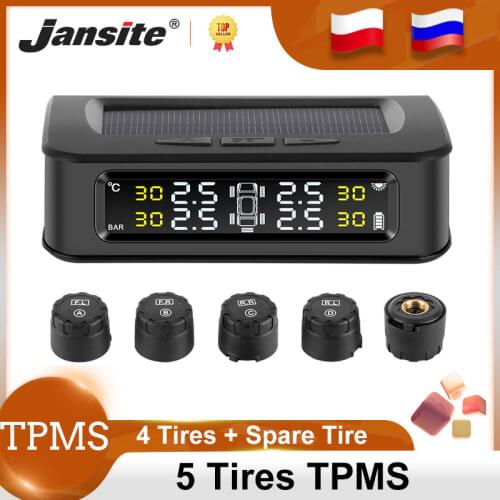 Jansite TPMS Car 5 Tire sensors Pressure Alarm Monitor System Display Solar charge pressure control Warning with Externa sensors