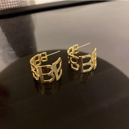 SRCOI Trendy Geometric Metal Letter B Temperament Simple Gold Color Alloy C-Shaped Hoop Earrings Women Party Jewelry Gifts