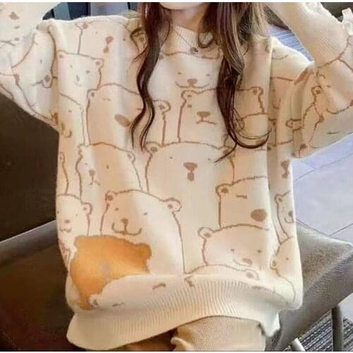 Women Korean Fashion Autumn Winter Loose Knitted Sweaters Bear Cartoon O-Neck Long Sleeve Lace Up Sweet Cashmere Sweater Female