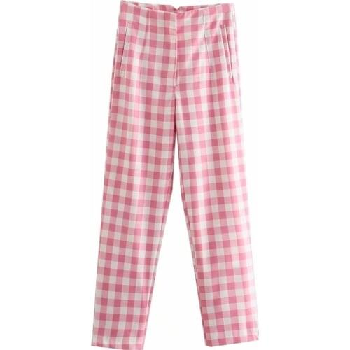 TRAF Women 2021 Fashion Vintage Plaid Print Casual Straight Pants Retro Female Zipper Pocket Pantalones Long Trousers Streetwear