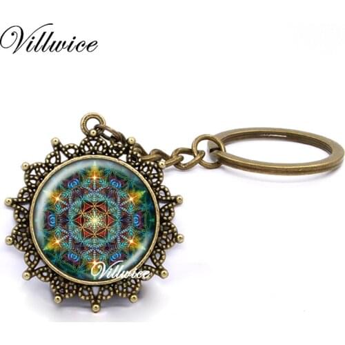 Vintage Mandala Keychain DIY Handmade Art Picture Glass Dome Henna Buddhist Sacred Geometry Jewelry Gift For Women