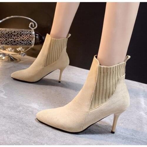 Women Boots Ankle Short Boots Flock Pointed Toe 7CM Thin Heels Winter Booties Woman Wool Elastic Slip On Women Martin Boots