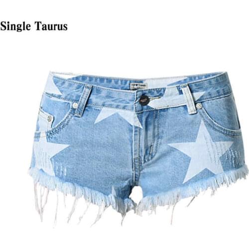 Female Five-pointed Star Print Jeans Super Shorts Summer Fashion Low Waist Sexy Beach Vacation Tassel Denim Blue Booty Shorts