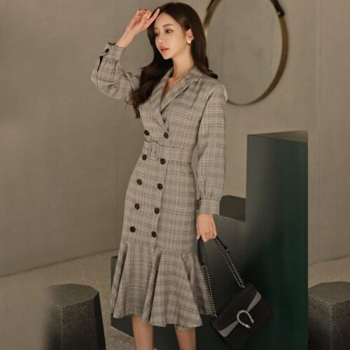 Womens Spring and Autumn New Temperament Double-Breasted Plaid Medium Long Ruffled High Waist Fishtail Dress AN190304