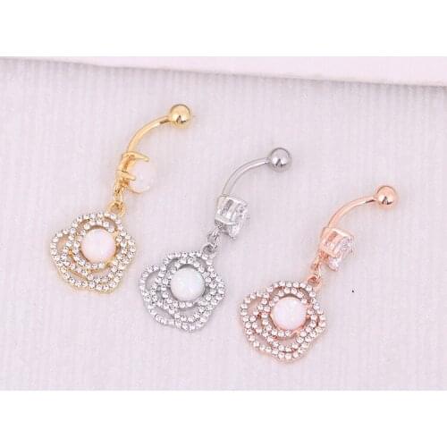 Gold Opal Dangle Navel Ring Body Jewelry Piercings 316L Surgical Steel Crystal Belly Button Ring Fashion Body Jewelry
