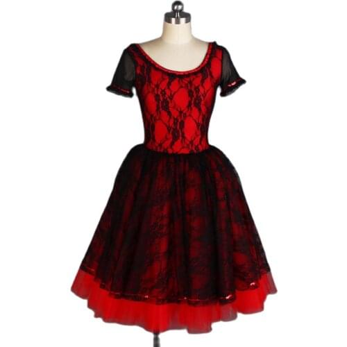 All For Dance Black Lace With Red Spandex Bodice 360° Red Tulle Girls&Women Ballet Dance Long Dress Dance Wear Without Fan