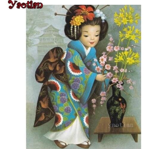 5D Diamond Painting Japanese Woman Flower Cartoon Picture Of Rhinestones DIY Embroidery Mosaic Full Square round Drill Decor